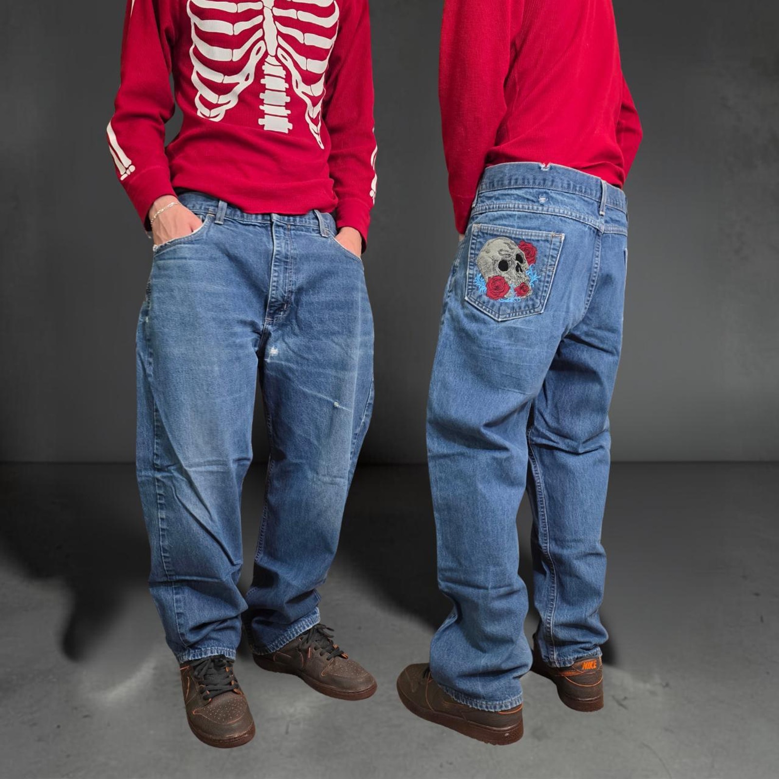 Custom Vintage Rose And Skull Fire Resistant Carhartt Denim Jeans (36x30)